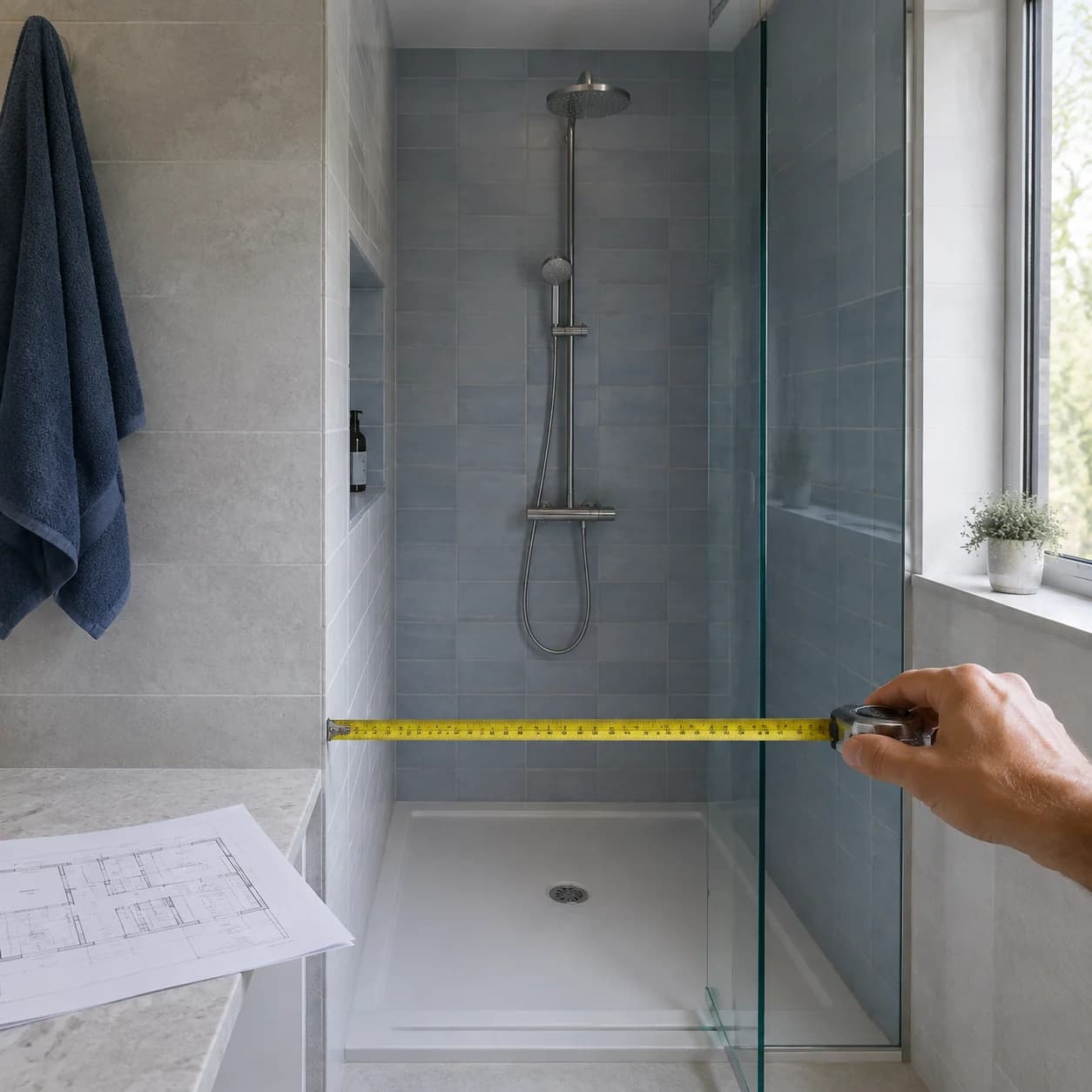 A tape measure across the entrance of a compact tiled shower enclosure
