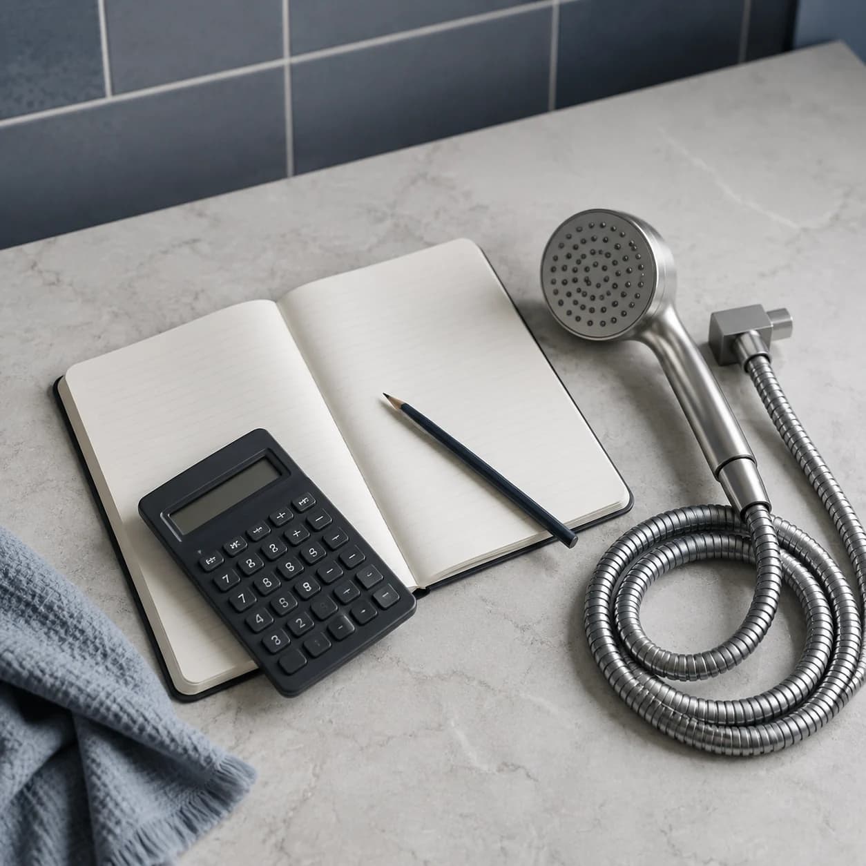 A calculator, notebook and shower fittings laid out on a stone surface