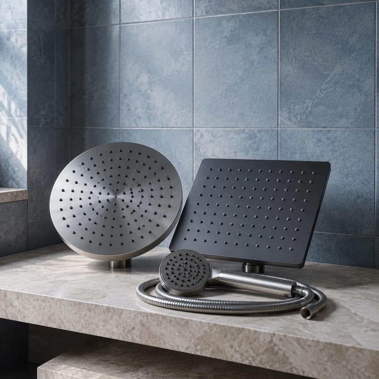 Round, square and handheld shower heads arranged on pale stone