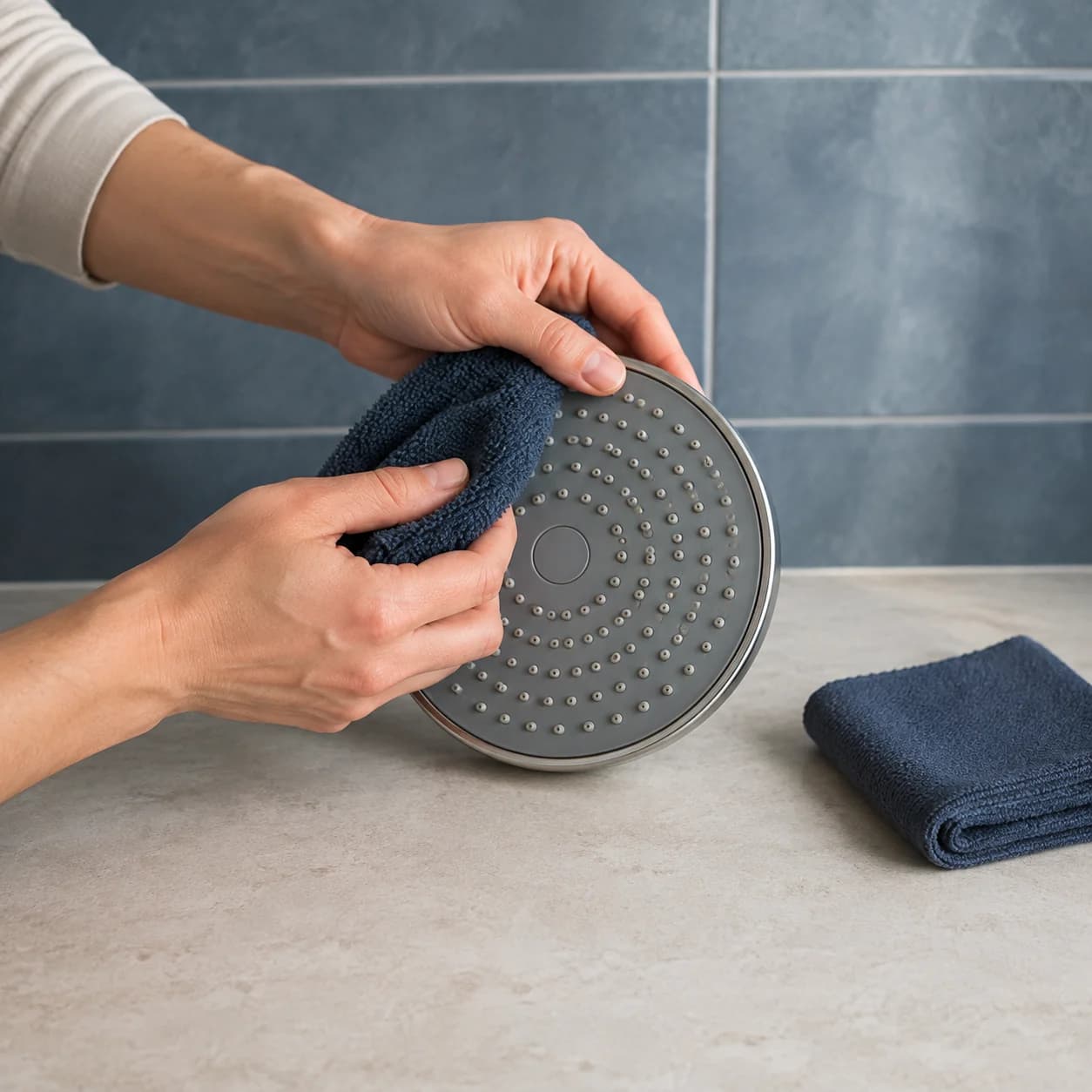 Hands wiping a detached shower head with a navy cleaning cloth