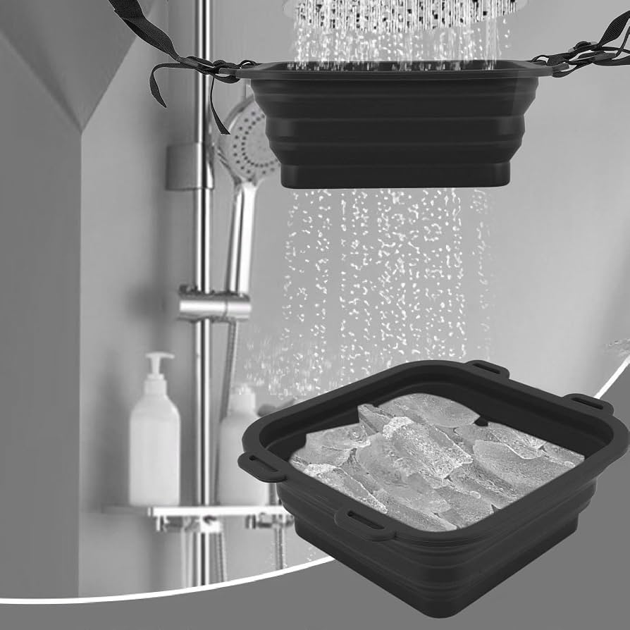 Ice-filled shower attachment suspended beneath a shower head