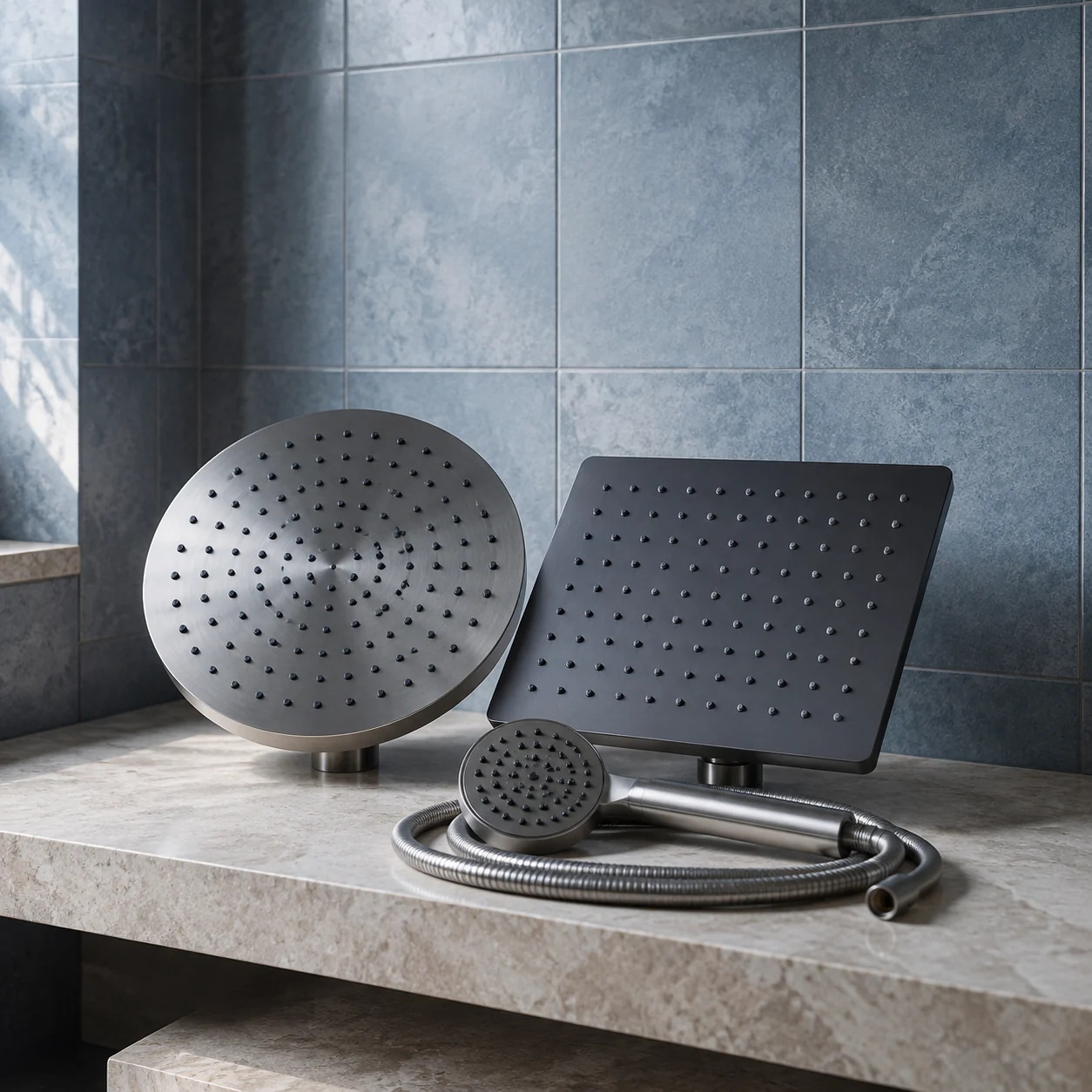 Round, square and handheld shower heads arranged on pale stone