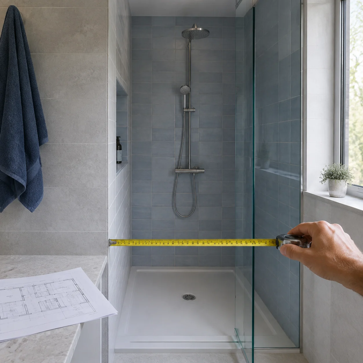 A tape measure across the entrance of a compact tiled shower enclosure