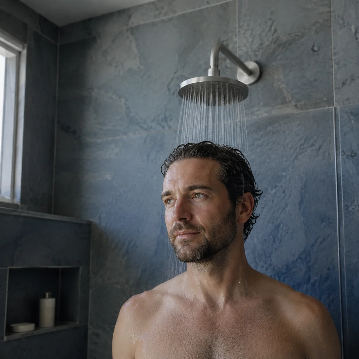 A man standing under running water in a blue-grey tiled shower