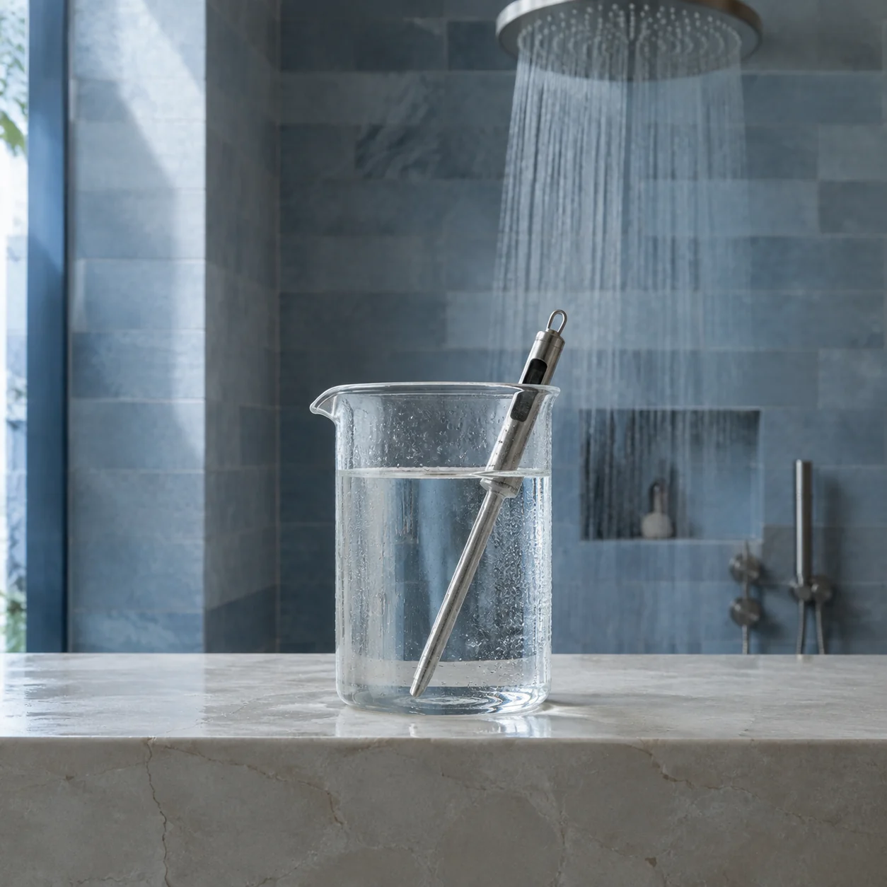 A probe thermometer in a vessel of water beside a running shower