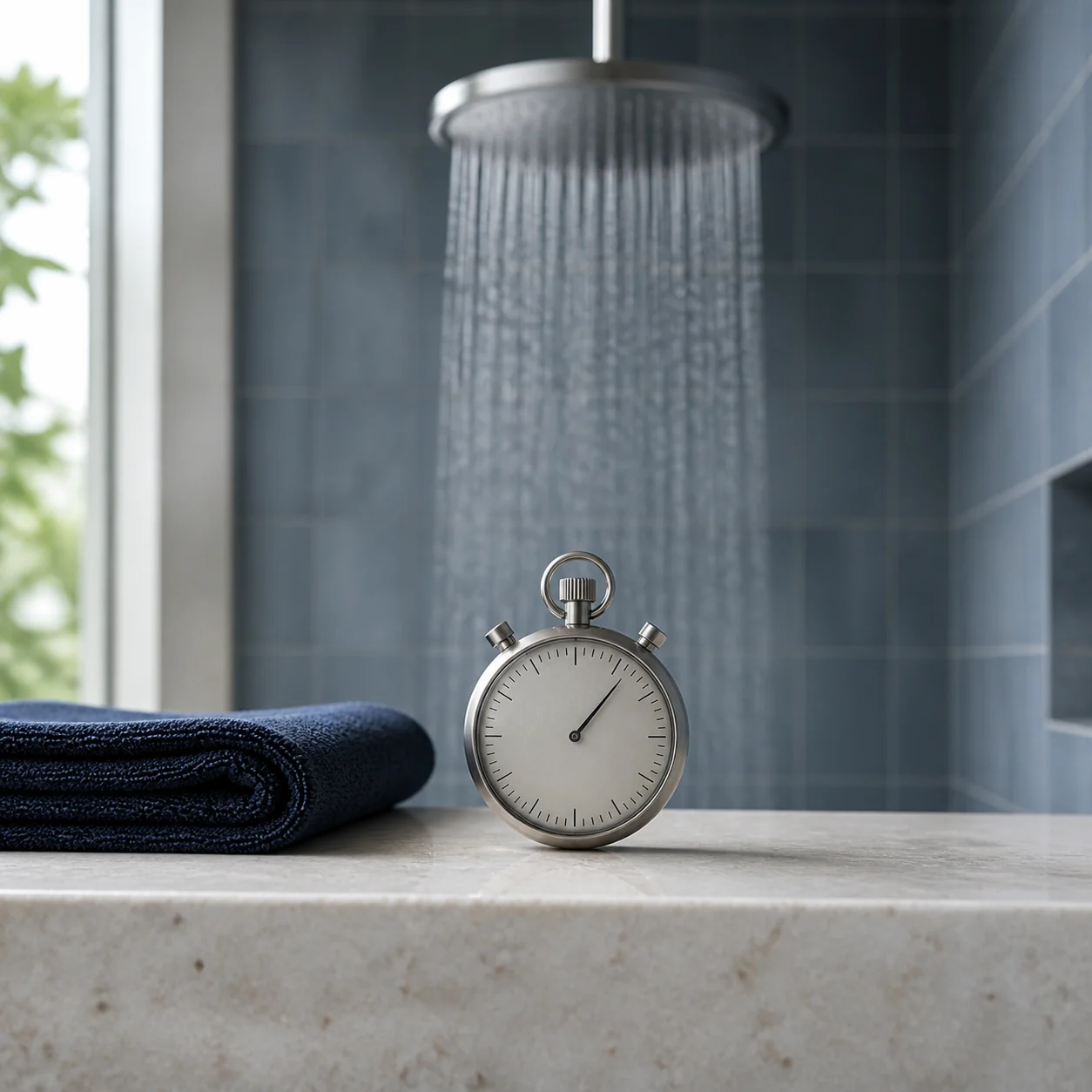 A stopwatch and navy towel on a stone ledge beside a running shower