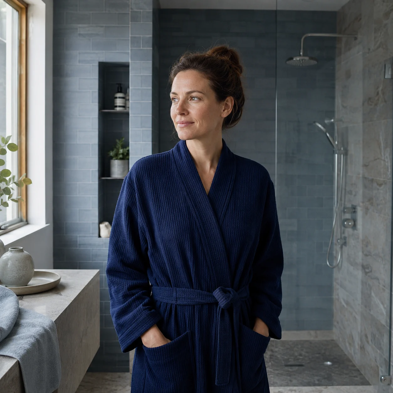 A woman in a navy bathrobe beside a blue-grey tiled shower