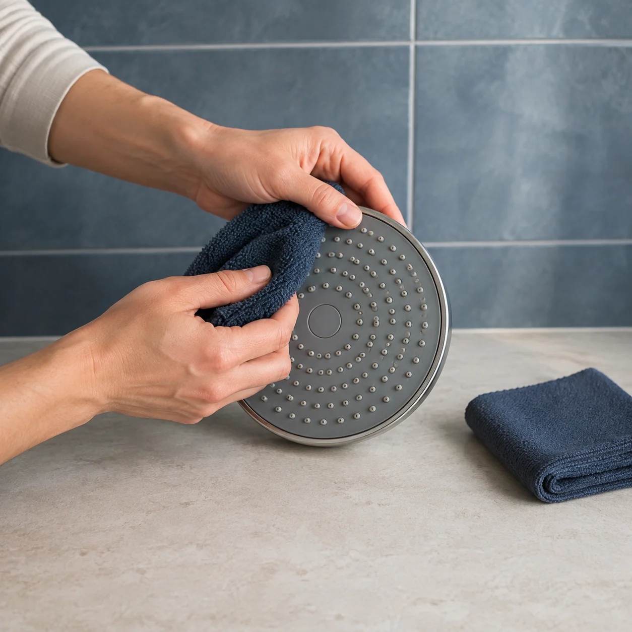 Hands wiping a detached shower head with a navy cleaning cloth