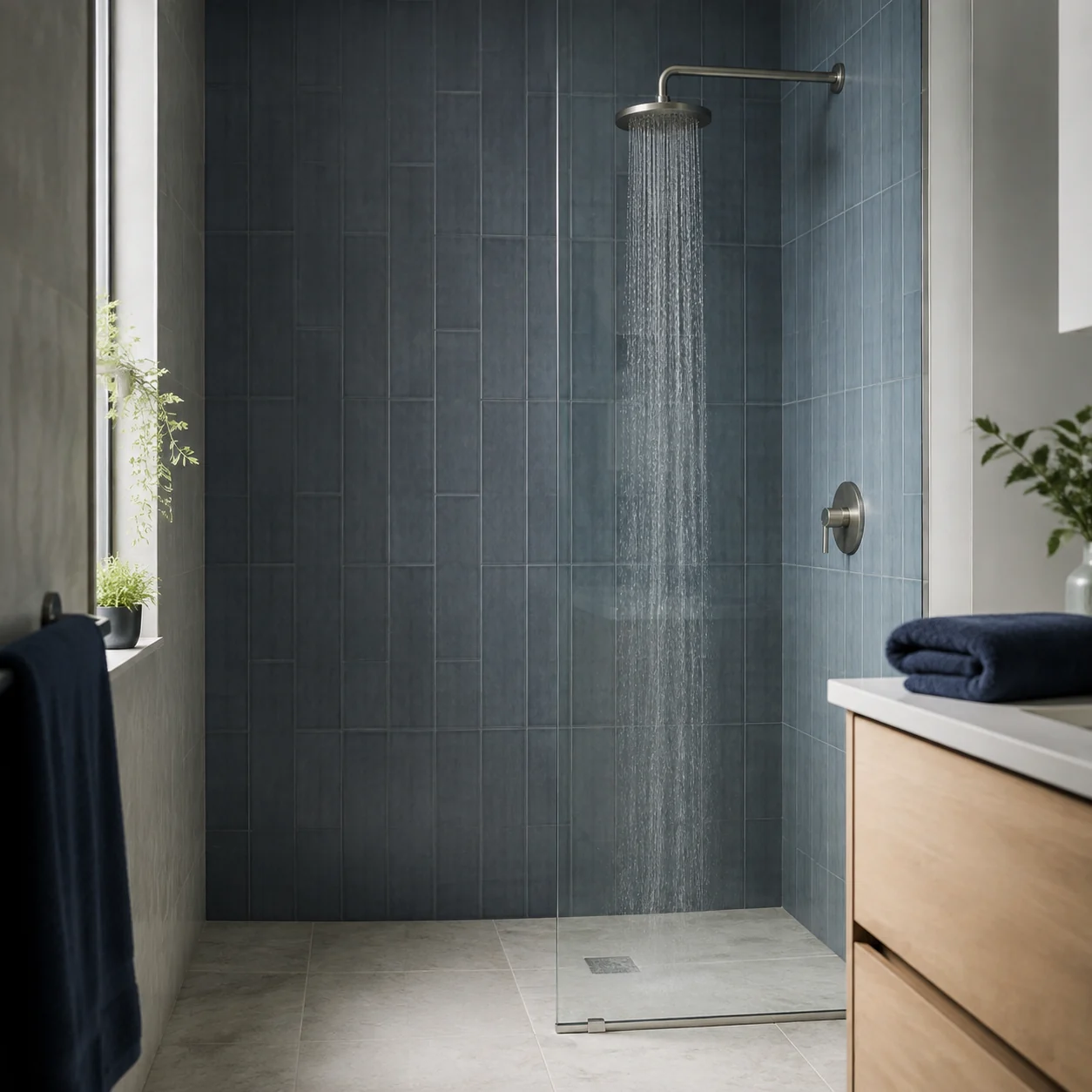 A running shower behind a glass screen in a blue-grey tiled bathroom